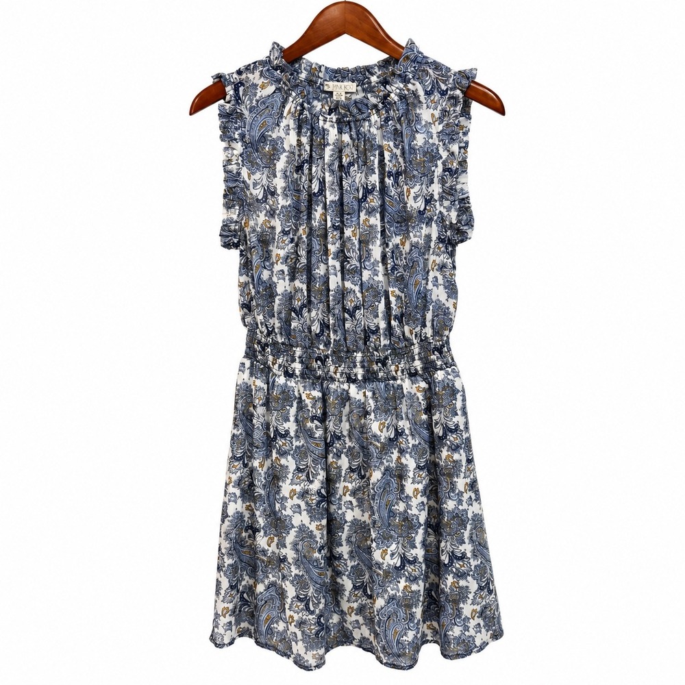 Eliane Rose Blue Paisley Ruffle Mini Dress Smock Waist Sleeveless Womens Medium
